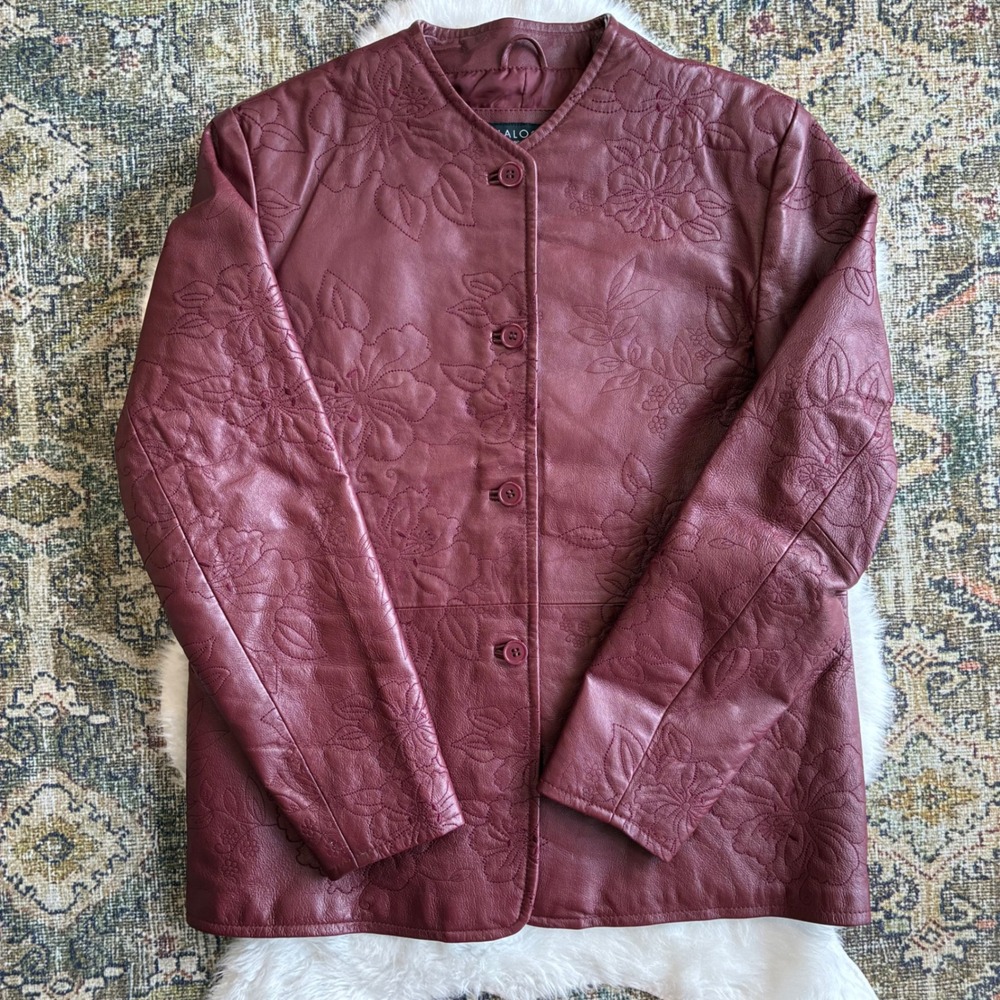 Dialogue Genuine Leather Floral Embossed Jacket Burgundy Plum Button Front Sz 12